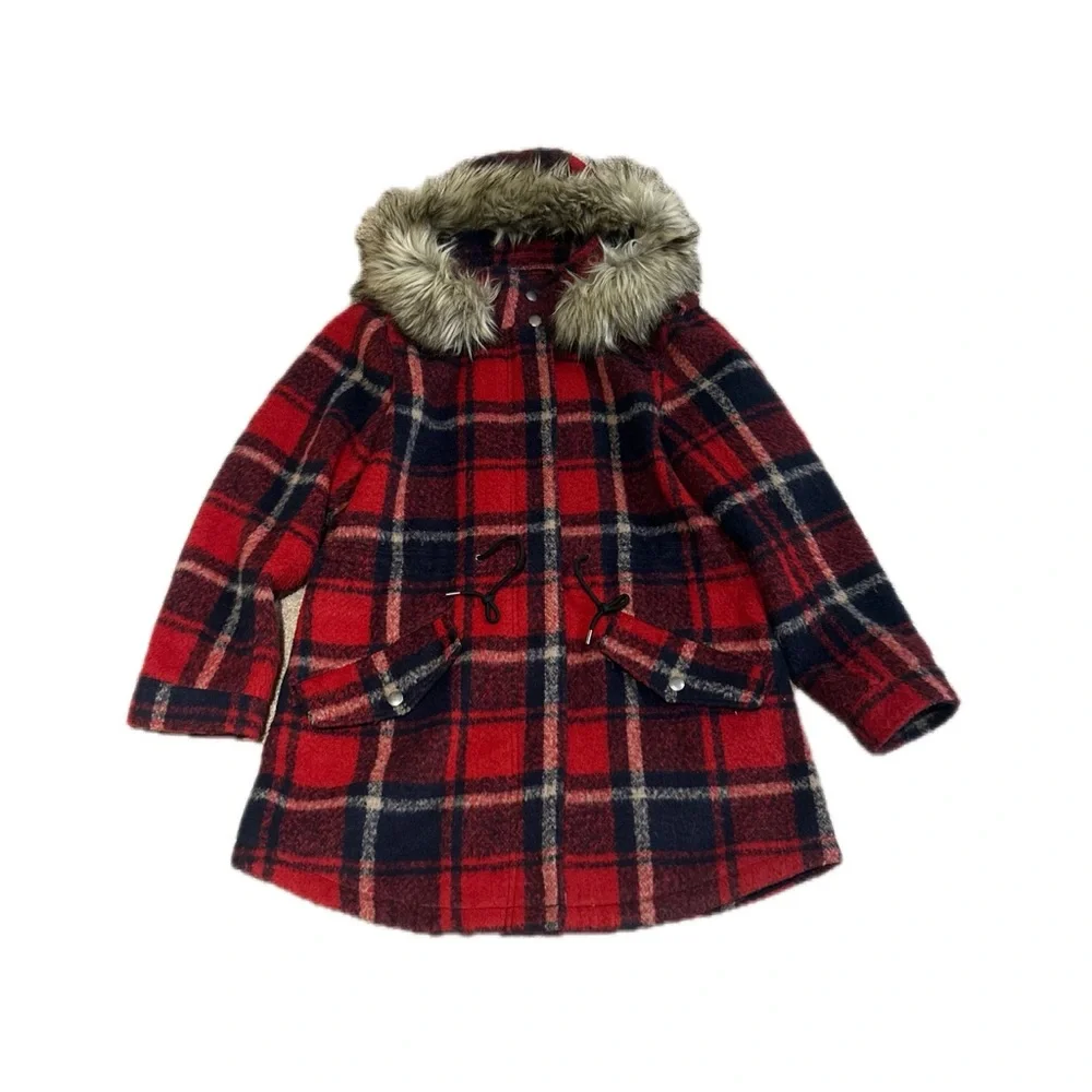 American Eagle Outfitters Red and Black Plaid Jacket with Faux Fur - Picture 5 of 8